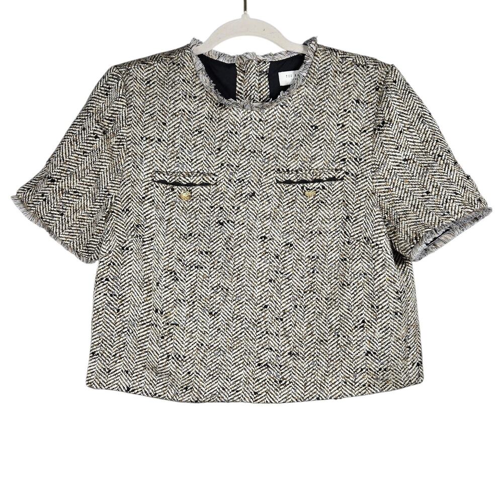 Ted Baker Gray Herringbone Tweed Blouse Womens 2 US 6 Fringe Crop Short Sleeve